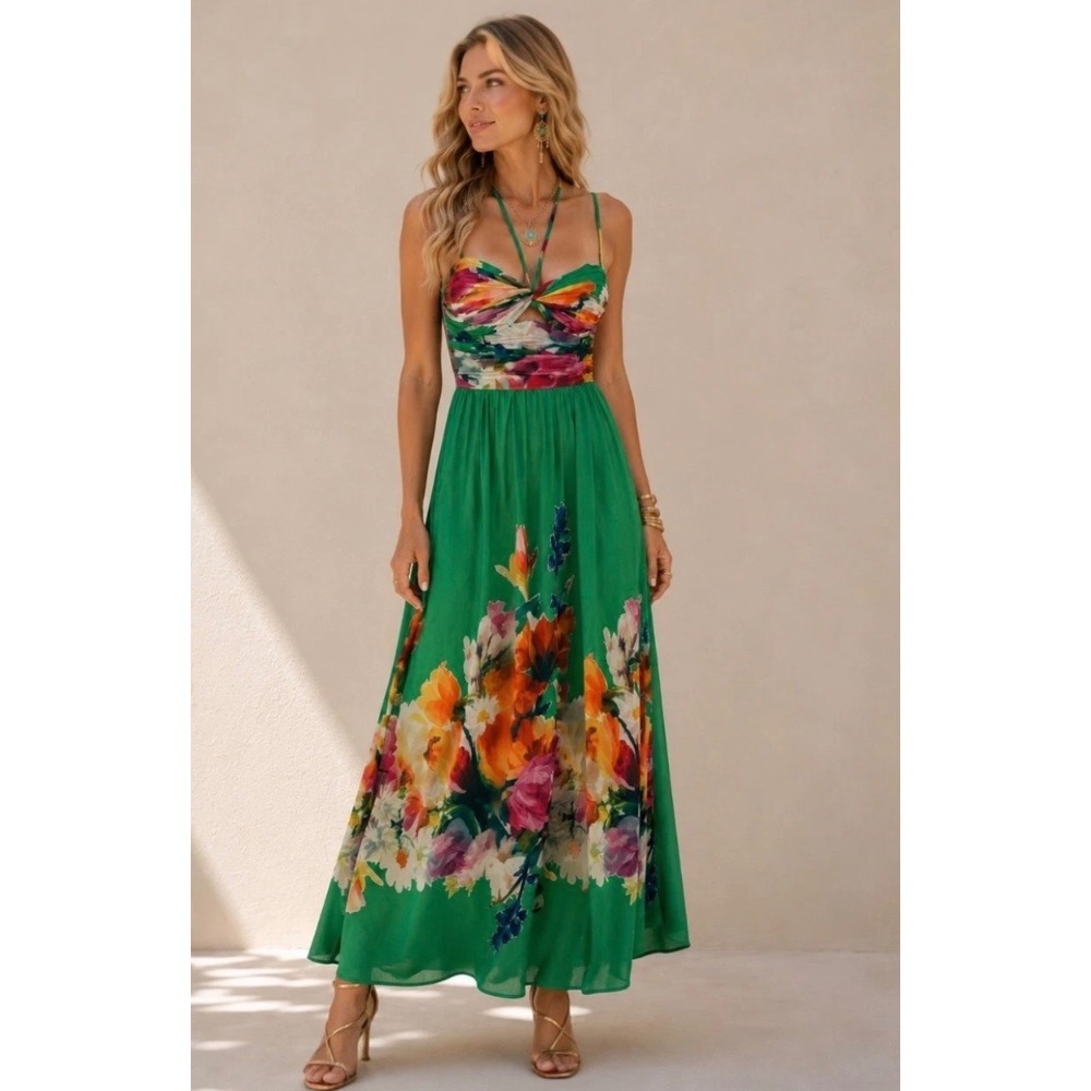 Betsy & Adam Green Floral Placement Print Tie Neck Maxi Dress A26401 GNM Size 8
